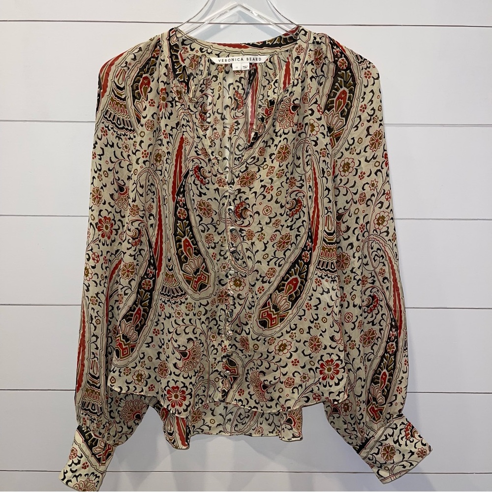 Veronica Beard Cream Paisley Button-Front Blouse with Red and Black Accents